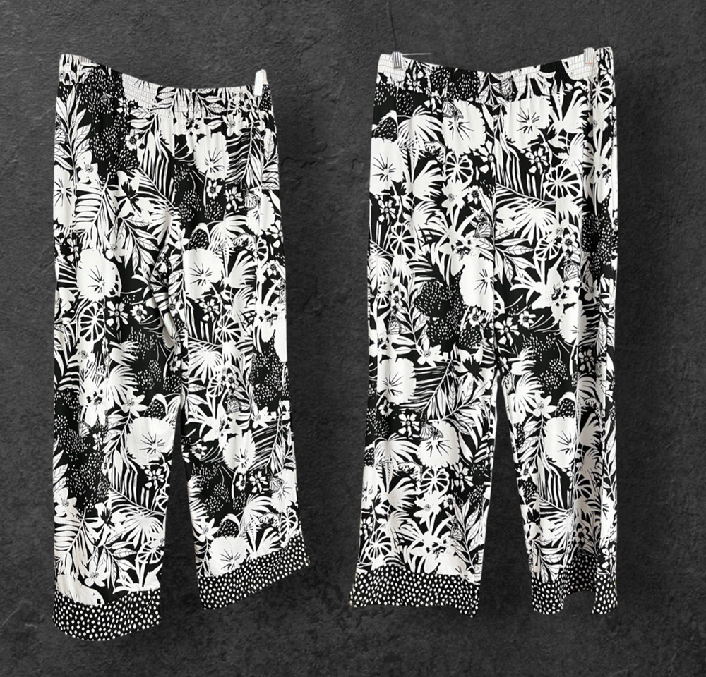 Cuddl Duds Women's Pants L Black White Floral Print Wide-Leg Pull-On Pants